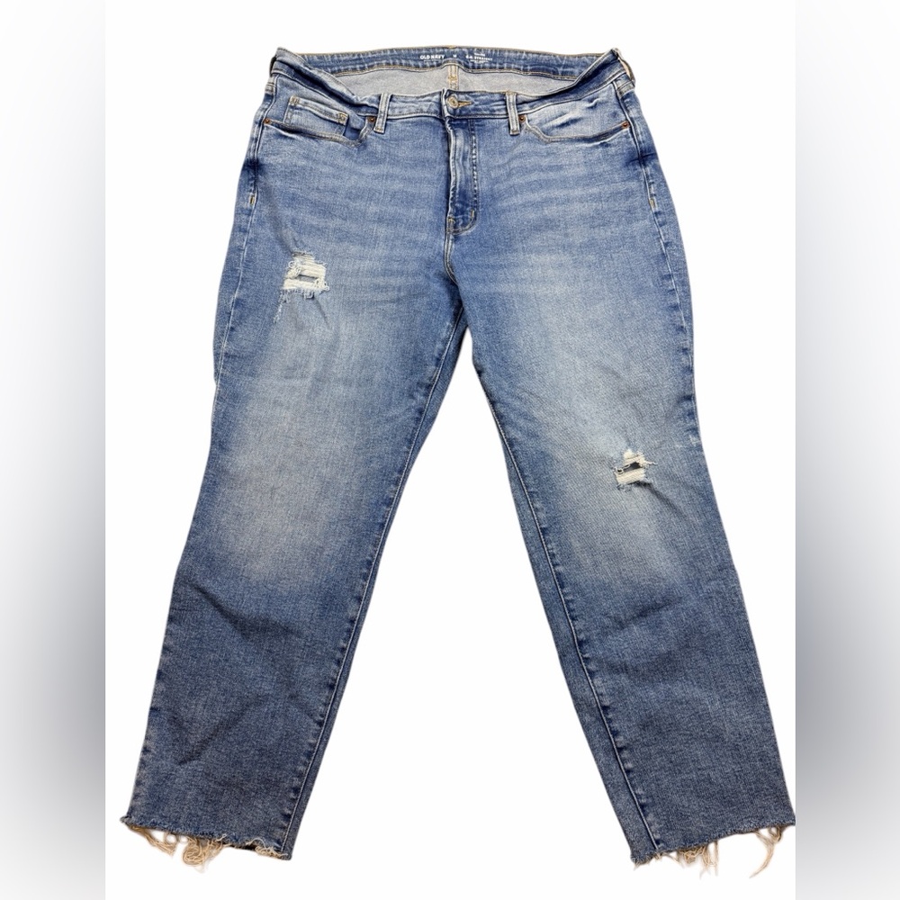 Old Navy Women’s High Rise OG Light Blue Straight Jeans with Distressed Details